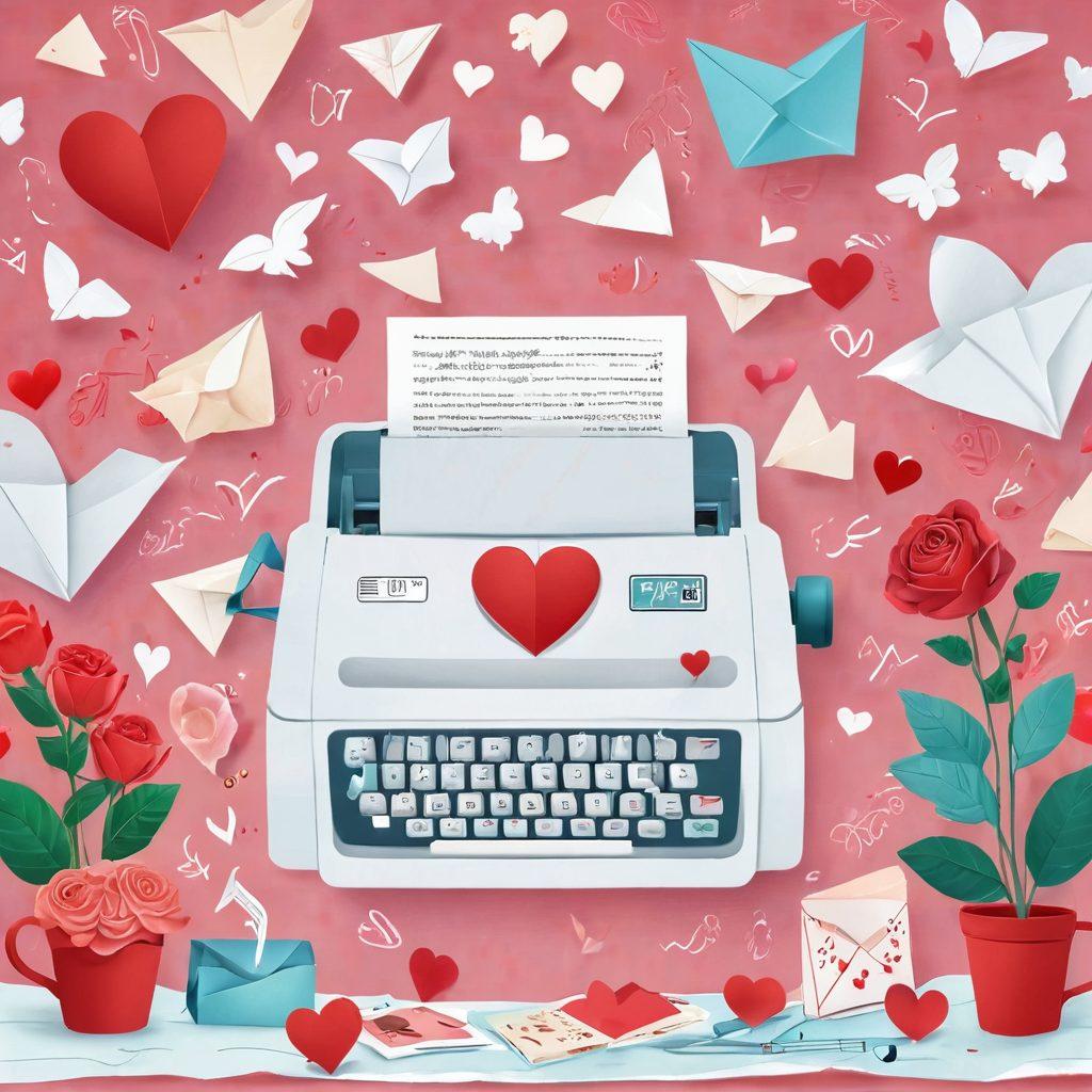 A whimsical digital illustration of a couple sending love letters via an online fax service, surrounded by hearts and romantic motifs. The setting is cozy with soft lighting, a heart-shaped fax machine, and fluttering paper planes carrying sweet messages. Include playful elements like roses and emojis floating around, conveying a sense of joy and connection. vibrant colors. vector art.