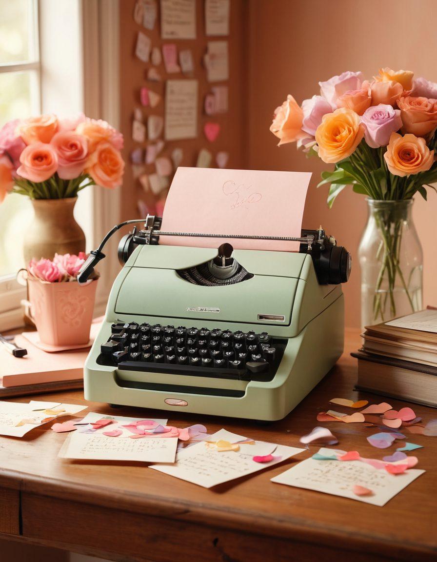 An elegant workspace with a vintage fax machine sending a heart-shaped paper with colorful love notes flying through the air. The background features warm, inviting colors, with soft lighting creating a romantic atmosphere. A peaceful desk adorned with flowers and motivational quotes enhances the feeling of bliss related to sending love faxes. whimsical and dreamy. vibrant colors. soft focus.